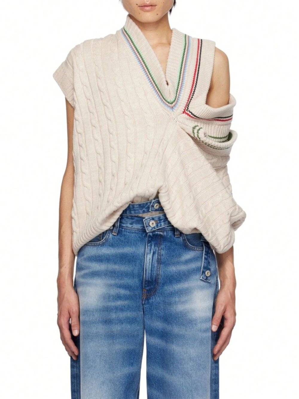 White Casual Women's V Neck Hollow Out Cable Knit Pullovers